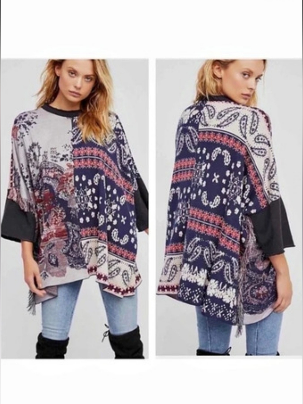 Free People On The Block Poncho Paisley Tunic Blue & Red